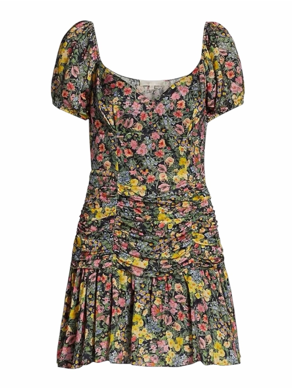LoveShackFancy Ambrette Ruched Silk Blend Floral Mini Dress Night Sky Glow